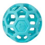 The JW Hol-EE Roller Trend-EE by Jw is a turquoise, hollow puzzle ball made from natural rubber with a geometric honeycomb design, offering excellent mental stimulation and featuring a jw logo with a small paw print logo in the center.