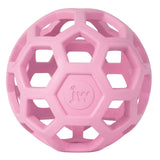 The JW Hol-EE Roller Trend-EE, a pink geodesic dome-shaped puzzle ball by Jw, is made of natural rubber with hexagonal and pentagonal patterns. Perfect for mental stimulation, it features the embossed jw logo at the center of a pentagon space.