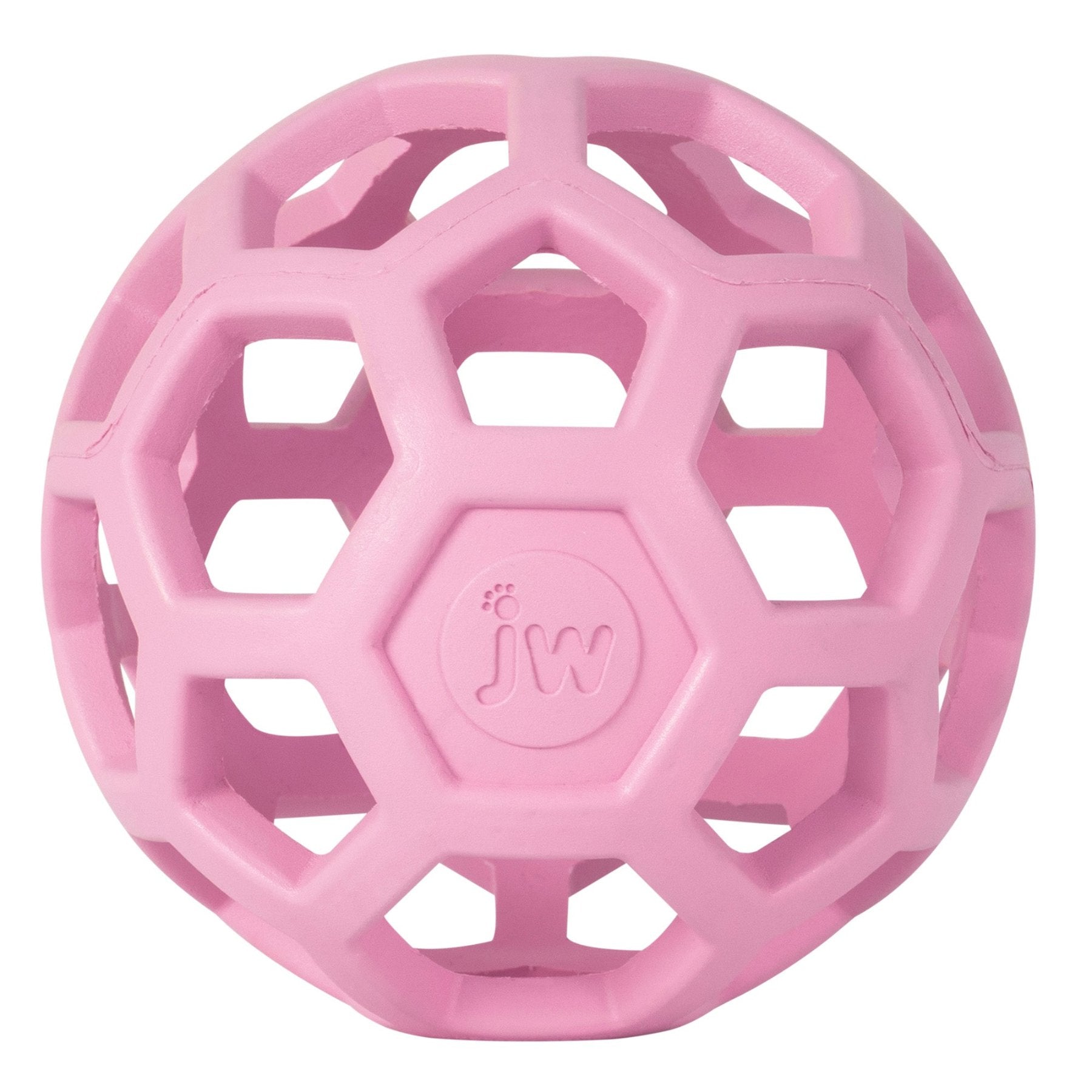 The JW Hol-EE Roller Trend-EE, a pink geodesic dome-shaped puzzle ball by Jw, is made of natural rubber with hexagonal and pentagonal patterns. Perfect for mental stimulation, it features the embossed jw logo at the center of a pentagon space.