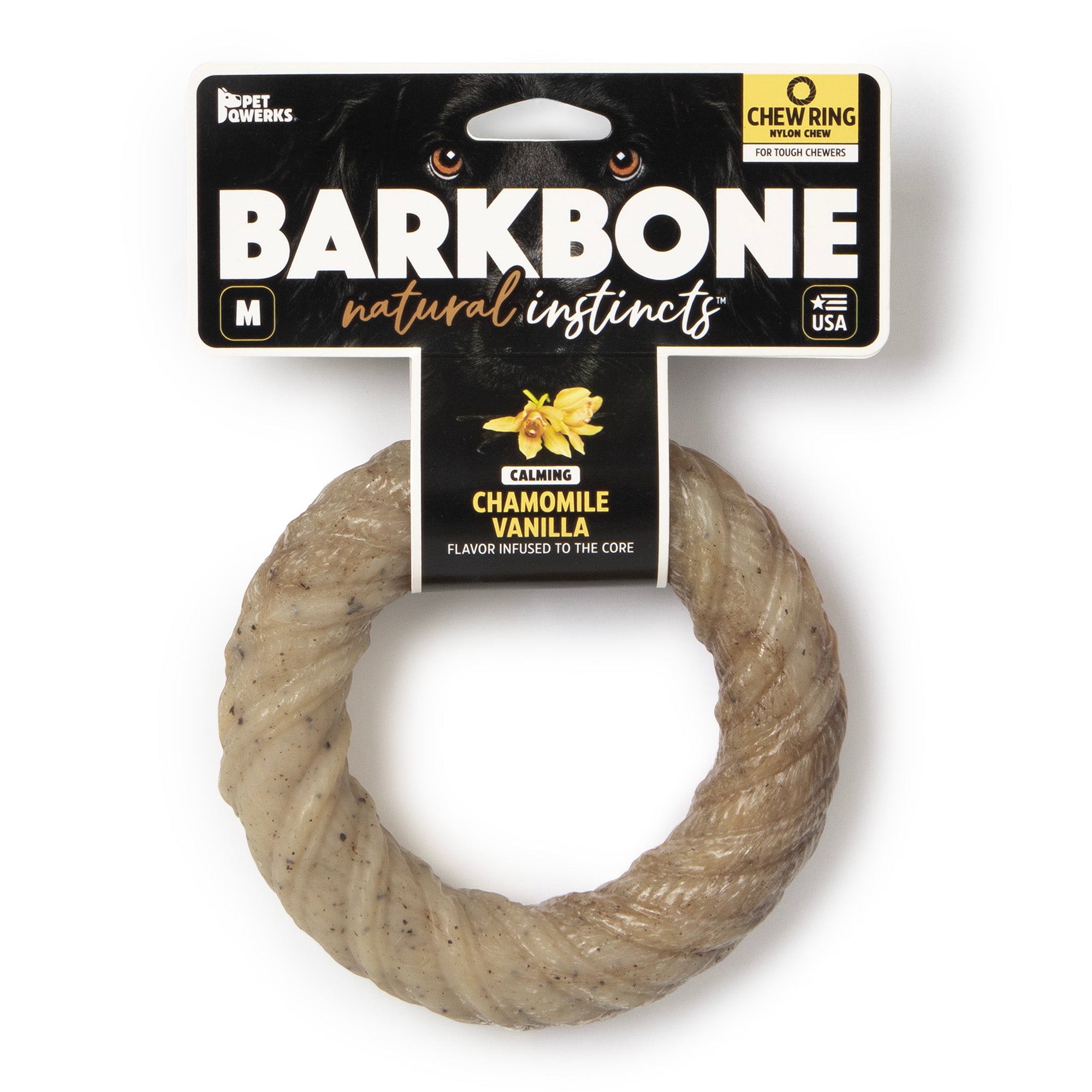 The Petqwerks BarkBone Natural Instincts Chamomile Vanilla Chew Ring is a medium-sized, bone-textured circle chew toy made in the USA for tough chewers. It features a calming chamomile vanilla flavor and comes in original packaging, offering a durable alternative to nylon bones.