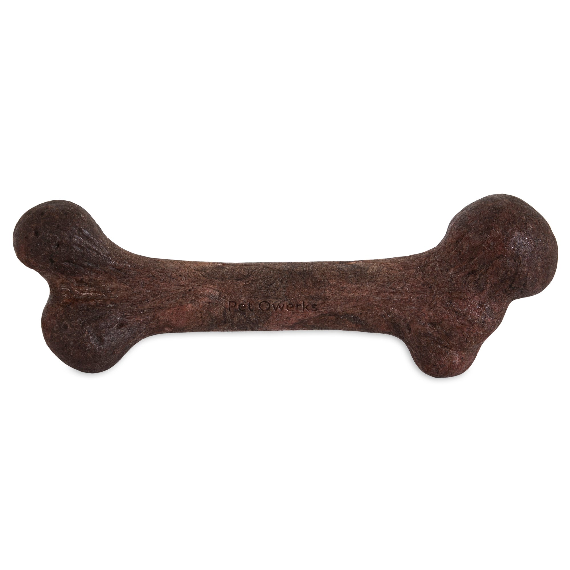 A large, brown BarkBone Natural Instincts Steak-Infused Dinosaur Nylon Dog Chew by Petqwerks is shaped like a bone and set against a white background.