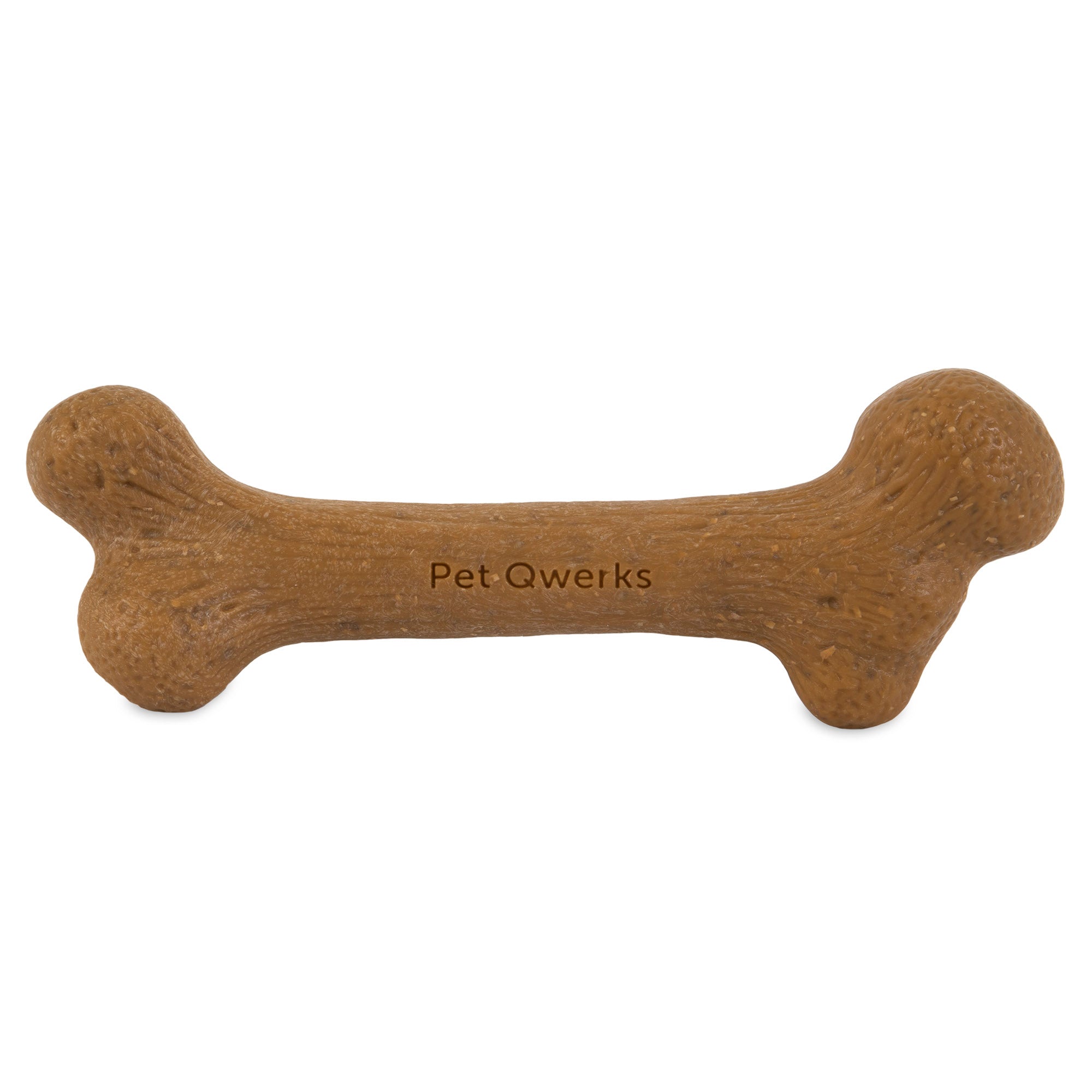 A brown, bone-shaped dog toy from Barkbone Natural Instincts, this Dinosaur Nylon Chew features a textured surface like a real bone and is infused with peanut butter flavor for an irresistible experience.
