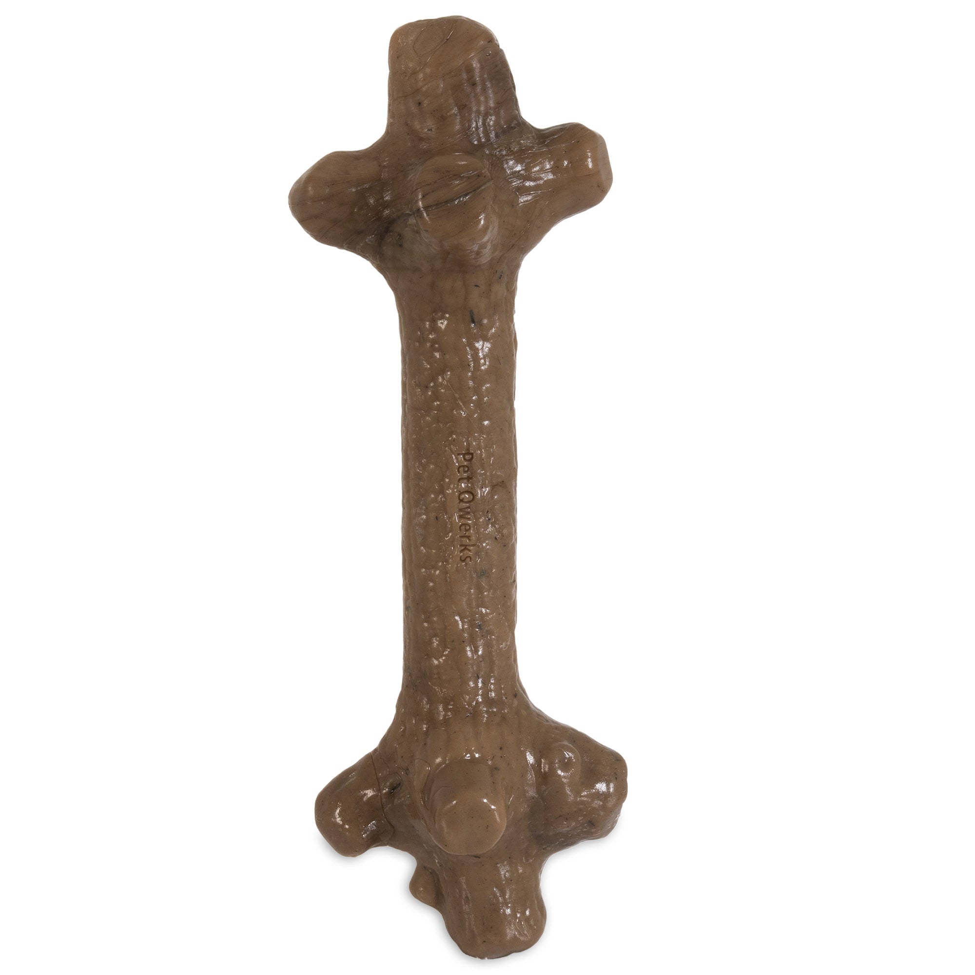 Introducing the BarkBone Natural Instincts Stick, a peanut butter-infused nylon dog chew by Barkbone Natural Instincts, designed like a brown tree branch with textured details and irregular shape. Made from durable material for aggressive chewers to enjoy and satisfy natural instincts for hours.