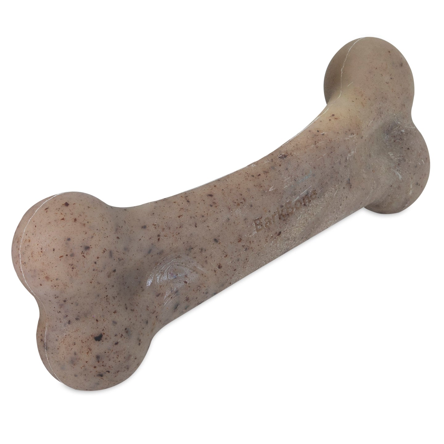The BarkBone Natural Instincts Bacon-Infused Nylon Dog Chew by Barkbone Natural Instincts is a large, dog bone-shaped toy made from speckled light brown material with bacon pieces, featuring a smooth, slightly curved design and embossed text.