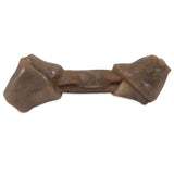 A BarkBone Natural Instincts Rawhide Style Bacon Nylon Chew by Petqwerks, shaped like a twisted brown bowtie, lies on a pristine white background.