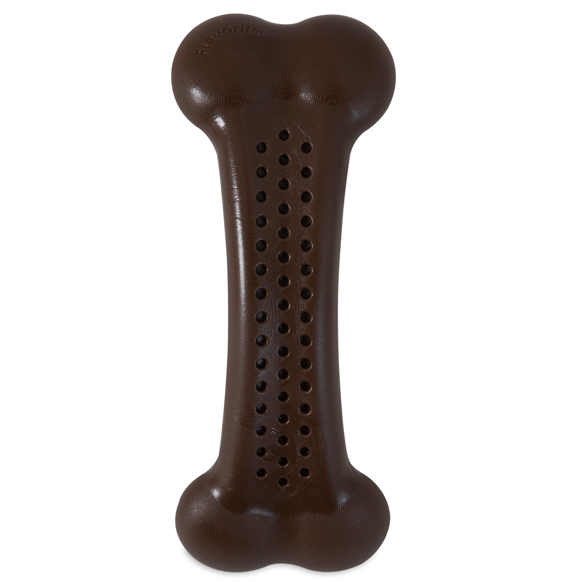 The BarkBone Natural Instincts Peanut Butter Flavorit Nylon Dog Chew offers a durable experience with its bone-shaped design and textured surface, featuring small holes to add enticing peanut butter flavoring.