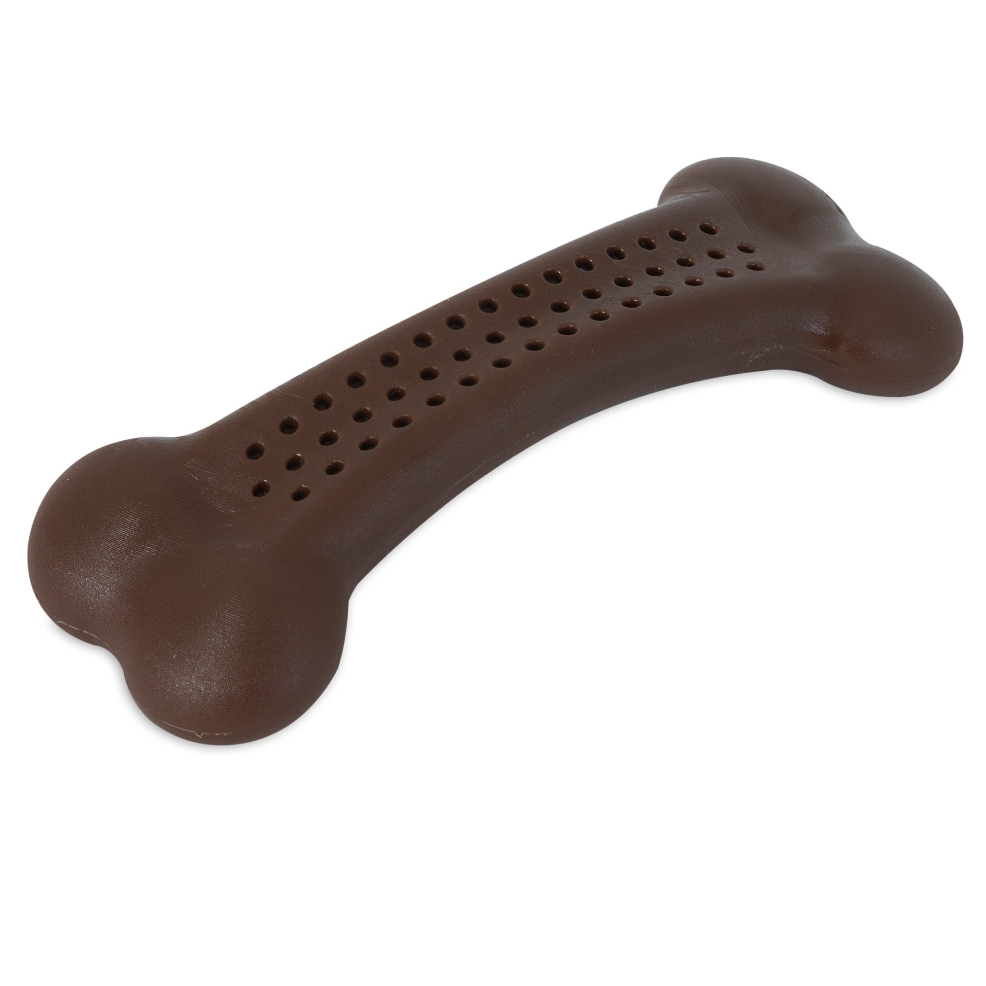 Introducing the BarkBone Natural Instincts Peanut Butter Flavorit Nylon Dog Chew: a durable, brown dog bone toy with a textured surface ideal for holding peanut butter flavor. Its classic bone shape with rounded ends ensures endless enjoyment for your pet.