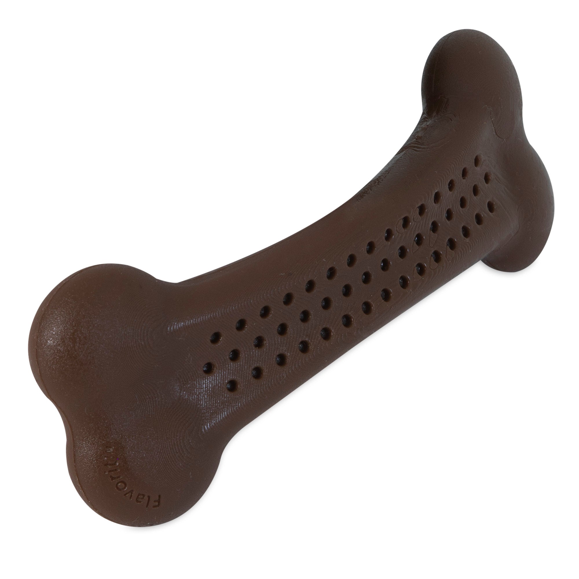 The BarkBone Natural Instincts Peanut Butter Flavorit Nylon Dog Chew is a brown, bone-shaped toy with textured bumps and perforations for grip and teeth cleaning. Infused with peanut butter flavor, it promises long-lasting fun for your furry friend.
