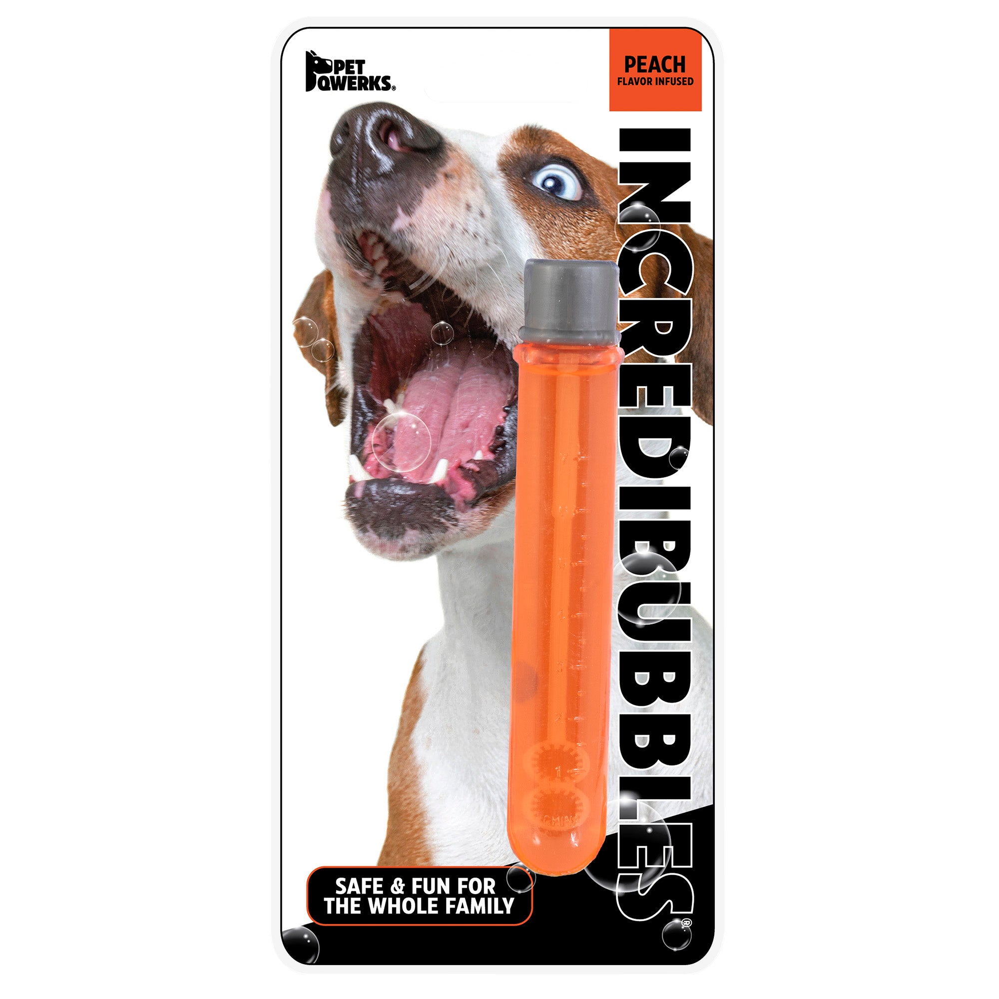 The Incredibubbles packaging shows a dog chasing peach-flavored bubbles. The bright orange container is labeled Safe & Fun for the Whole Family, with Petqwerks prominently displayed.