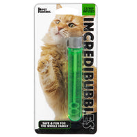 The Petqwerks Catnip IncrediBubbles for Cats packaging features a curious ginger cat. This bubble solution in a clear tube promises Safe & Fun for the Whole Family, offering endless entertainment for your feline friend!.