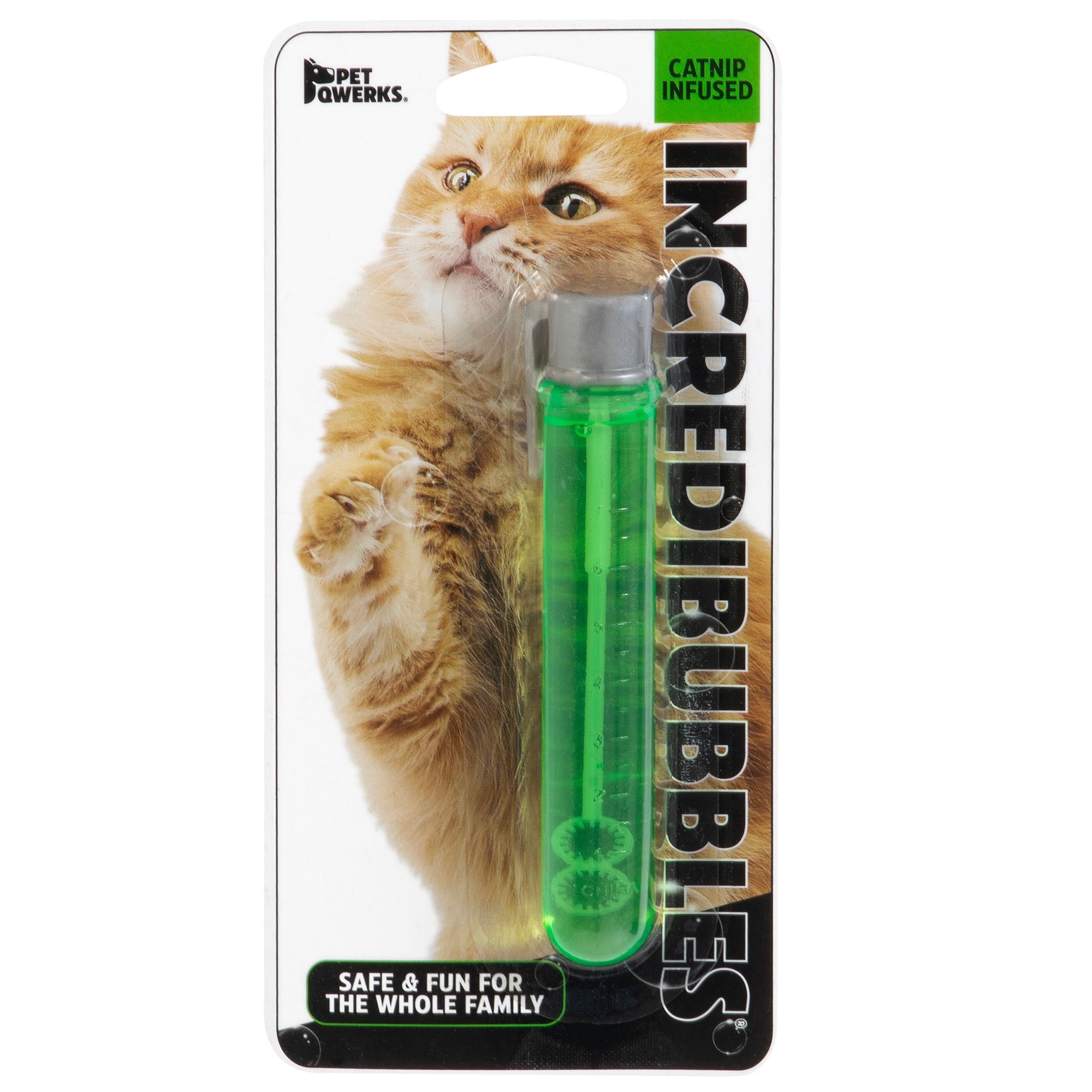 Pet Qwerks Catnip IncrediBubbles for Cats by Petqwerks feature green, catnip-infused bubbles in a clear tube and an orange cat image. Safe for the whole family, these playful bubbles provide endless fun for your feline friends.