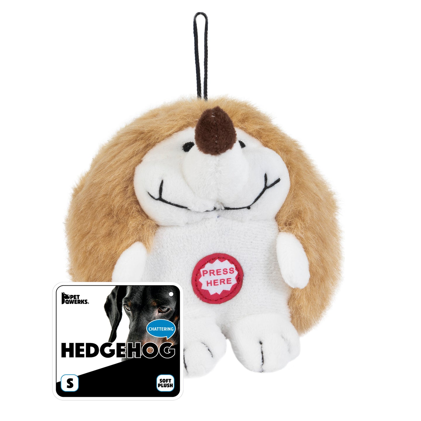 The Pet Qwerks Plush Chattering Hedgehog Dog Toy by Petqwerks features a brown back, cream face, and a red Press Here button for interactive play. Its label shows a dog with the words Hedgehog and Soft Plush, perfect for cuddles and fun.