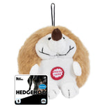 The Pet Qwerks Plush Chattering Hedgehog Dog Toy by Petqwerks features a brown back, cream face, and a red Press Here button for interactive play. Its label shows a dog with the words Hedgehog and Soft Plush, perfect for cuddles and fun.