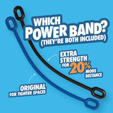 A blue and a black Chuckit! Cannon Max Replacement Band 24M 3-Pack with text that reads: Which power band? (They’re both included), Extra strength for 20% more distance, and Original for tighter spaces.