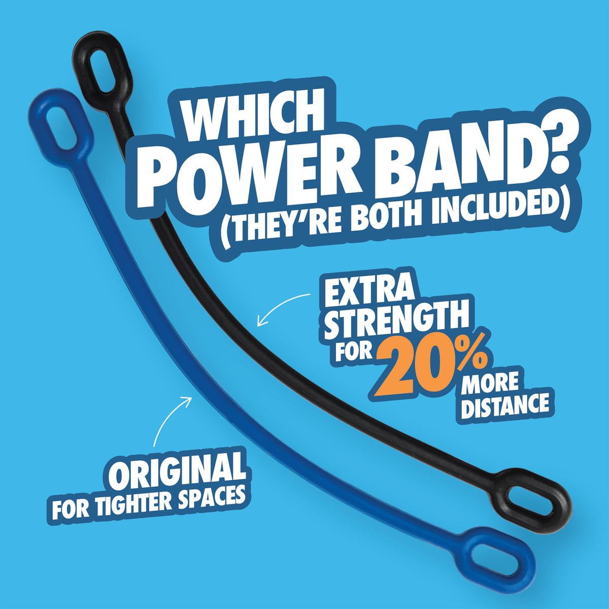 A blue and a black Chuckit! Cannon Max Replacement Band 24M 3-Pack with text that reads: Which power band? (They’re both included), Extra strength for 20% more distance, and Original for tighter spaces.