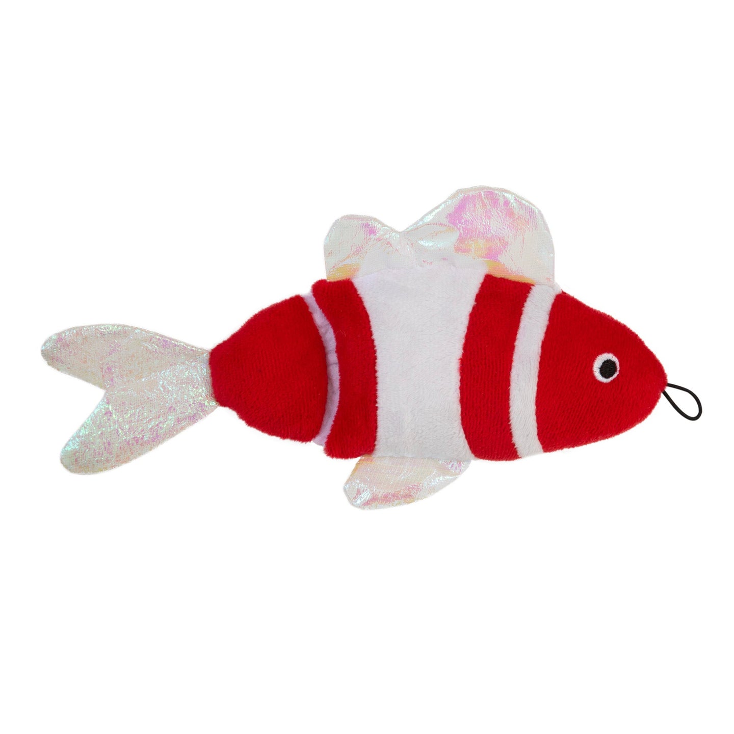 The Mad Cat Bright Fish Kicker Cat Toy is a plush fish with red and white stripes, shiny iridescent fins, and tail. It features a nose loop and is infused with catnip and silvervine to delight your feline.