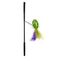 The Mad Cat Sas-Sea Wand by Mad Cat is an interactive black cat toy with a textured handle. It features a smiling green fish-shaped attachment with googly eyes, colorful feathers in green, yellow, and purple, and includes a catnip-filled compartment to entertain your feline.