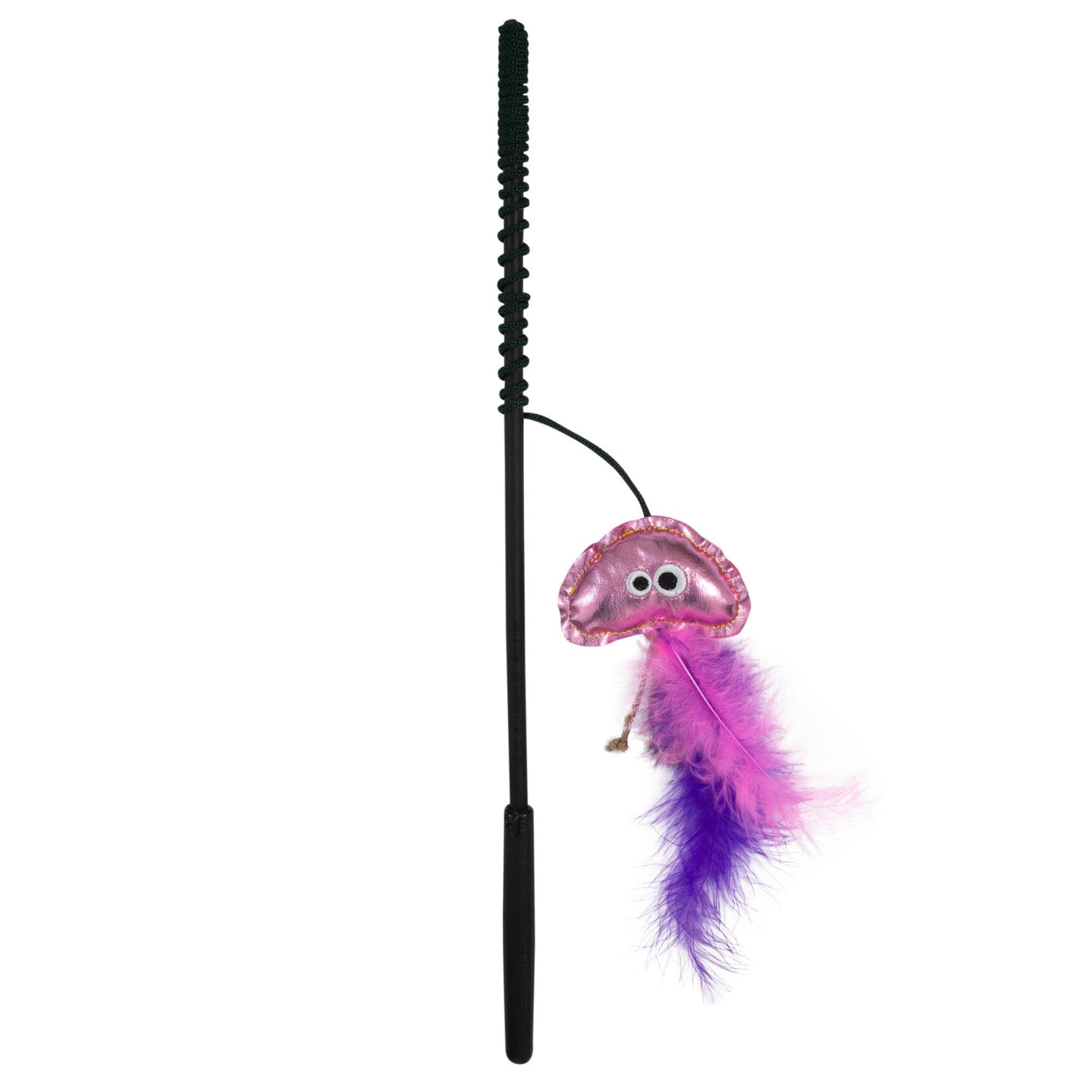 The Mad Cat Sas-Sea Wand by Mad Cat is an interactive wand cat toy with a black handle and a pink, jellyfish-shaped attachment. It features googly eyes, playful pink and purple feathers, and catnip to keep your feline entertained for hours.