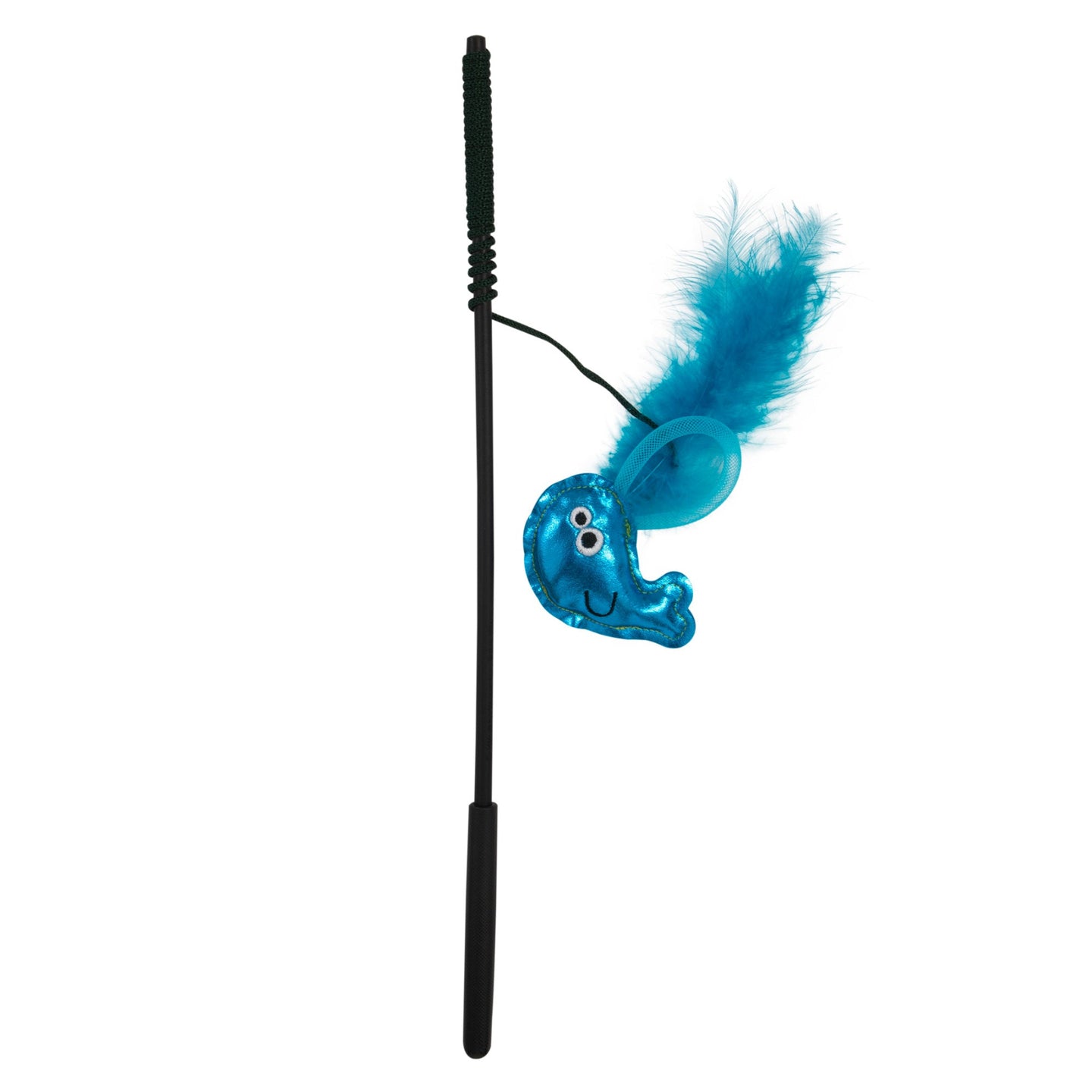The Mad Cat Sas-Sea Wand by Mad Cat features a black handle and an abstract animal-shaped blue plush with googly eyes and a big smile. It includes a string, fluffy feather, and optional catnip for playful interaction with your feline friend.