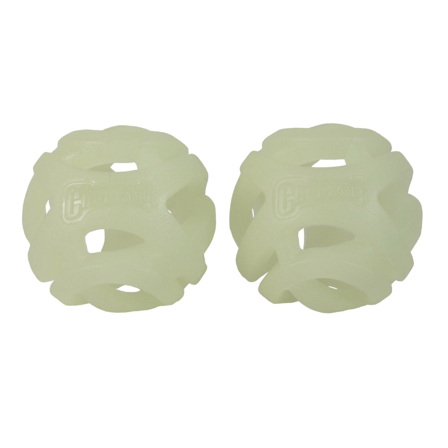 Two identical, spherical, light green Chuckit! Max Glow Air Fetch Ball toys feature an open lattice design and semi-transparent material, with the Chuckit logo embossed for style.