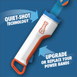 The Chuckit! Cannon & Cannon Max, a white and orange dog ball launcher by Chuckit!, features a blue handle and ball. Arrows highlight QUIET-SHOT TECHNOLOGY and the ability to upgrade or replace power bands on a blue background.