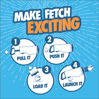 Instructional graphic titled Make Fetch Exciting displays four steps: 1. Pull it, 2. Push it, 3. Load it (insert ball), 4. Launch it (shoot ball) using the Chuckit! Cannon & Cannon Max Dog Ball Launcher by Chuckit!, on a blue background with rays.