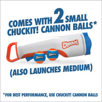 The Chuckit! Cannon & Cannon Max Dog Ball Launcher by Chuckit! comes with 2 small orange and blue balls, and also launches medium balls.