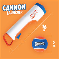 A Chuckit! Cannon & Cannon Max - Dog Ball Launcher with a blue and orange Chuckit! ball is shown on an orange background. The 16-inch launcher and 2-inch ball feature "Cannon Launcher" text at the top left.