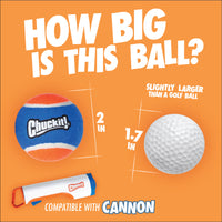A blue, orange, and white Chuckit! ball (2") sits beside a 1.7" golf ball. Also shown are the Chuckit! dog ball launcher and the Chuckit! Cannon & Cannon Max Dog Ball Launcher by Chuckit!.