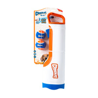 Chuckit! Cannon & Cannon Max Dog Ball Launcher set by Chuckit! includes an orange and white launcher, two blue and orange balls, and features a small dog on the packaging.