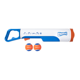 A Chuckit! Cannon & Cannon Max - Dog Ball Launcher by Chuckit!, featuring a blue handle, white and orange body, and two orange and blue balls labeled "Cannon Ball" on a white background.