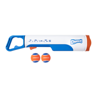 A Chuckit! Cannon & Cannon Max - Dog Ball Launcher by Chuckit!, featuring a blue handle, white and orange body, and two orange and blue balls labeled "Cannon Ball" on a white background.