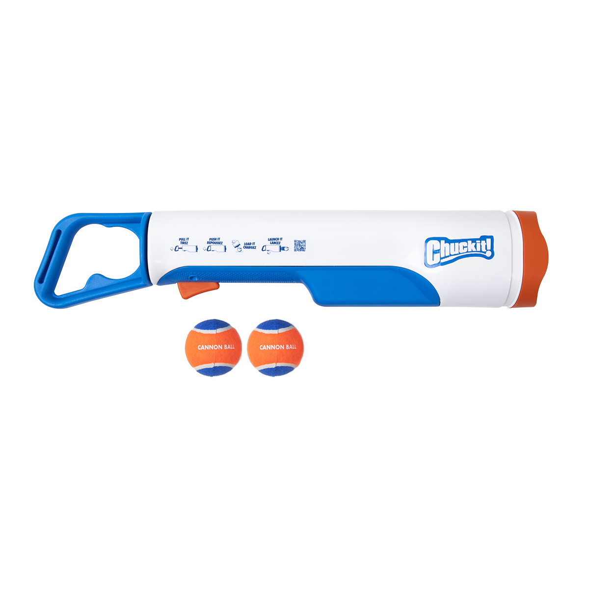 A Chuckit! Cannon & Cannon Max - Dog Ball Launcher by Chuckit!, featuring a blue handle, white and orange body, and two orange and blue balls labeled "Cannon Ball" on a white background.