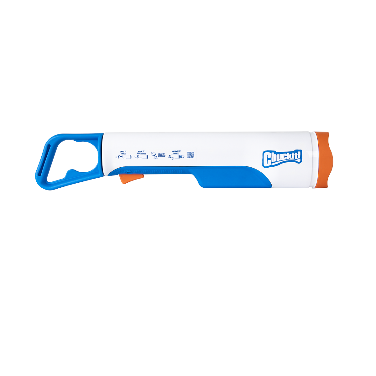 The Chuckit! Cannon & Cannon Max Dog Ball Launcher by Chuckit! is shown on a plain white background. This blue, white, and orange device features a handle and launches balls long distances for dogs to fetch.