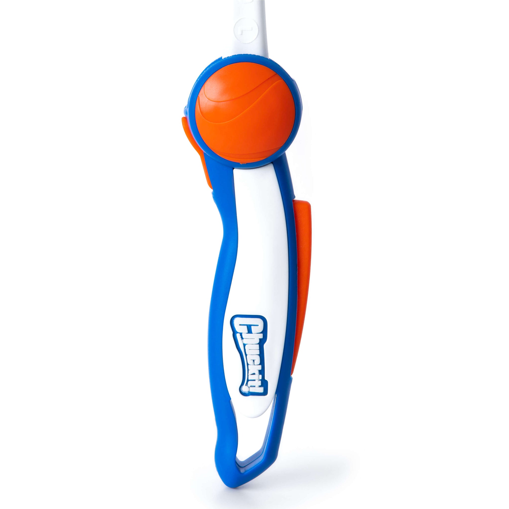 A close-up of a colorful toothbrush handle featuring blue, white, and orange elements. The round orange grip evokes the vibrant design of the Chuckit! Ultra Launcher with Ultra Ball 18M from Chuckit!, with a Curad logo on the side.