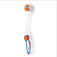 The Chuckit! Ultra Ball Launcher 18" Medium by Chuckit features a curved blue, white, and orange launcher with an orange and blue tennis ball—ideal for hours of active fetch with your dog.