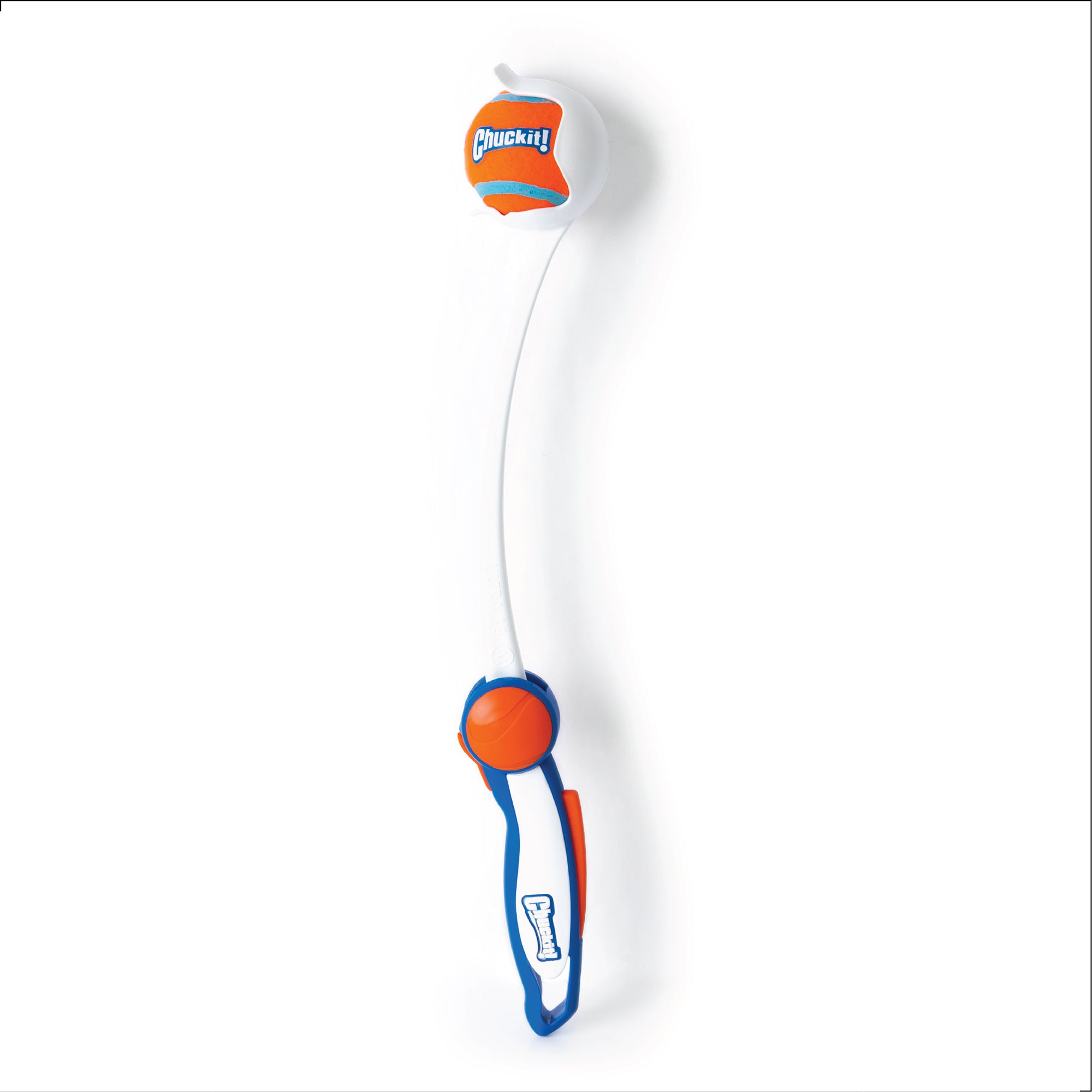 The Chuckit! Ultra Ball Launcher 18" Medium by Chuckit features a curved blue, white, and orange launcher with an orange and blue tennis ball—ideal for hours of active fetch with your dog.