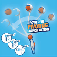 The Chuckit! Ultra Ball Launcher 18" Medium by Chuckit features a handle and claw gripping the tennis ball, shown pivoting in four stages. Text says "Powerful Pivoting Launch Action." Icons illustrate squeezing, holding, and launching for easy dog fetch play.
