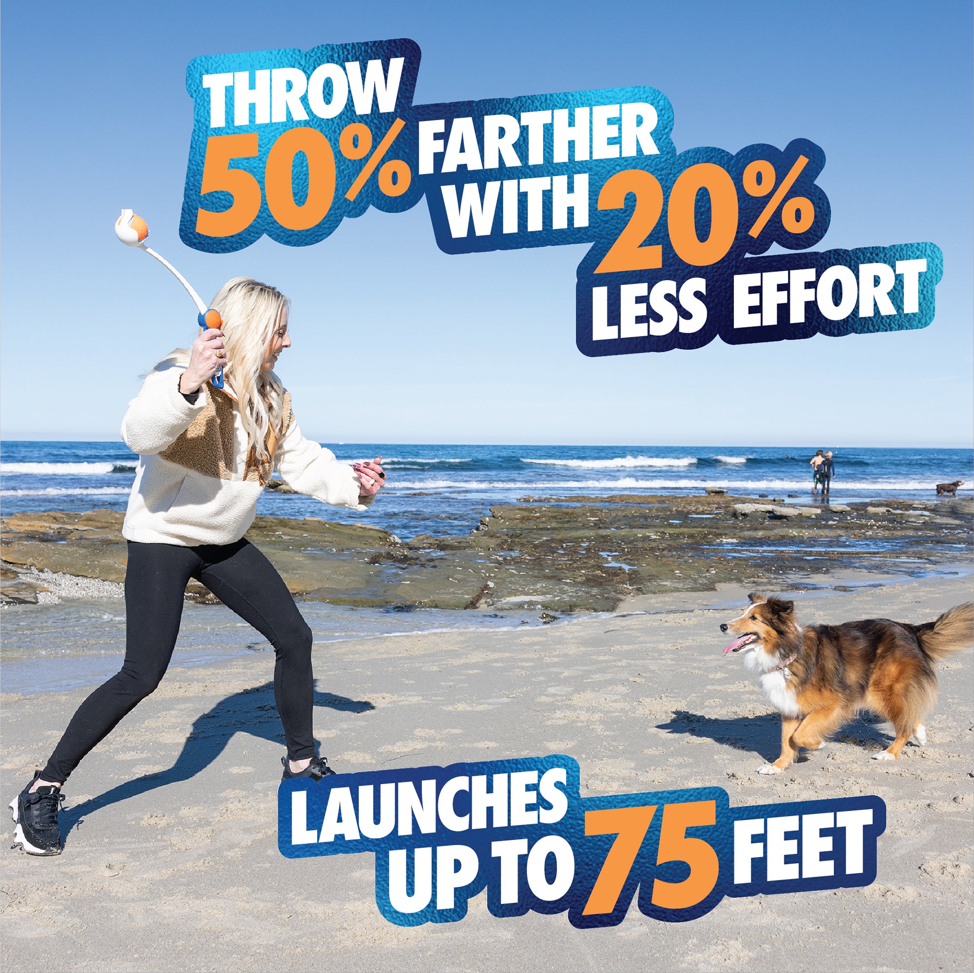 On a sunny beach, a woman uses the Chuckit! Ultra Ball Launcher 18" by Chuckit to play fetch with her dog. Throw 50% farther with 20% less effort—launches up to 75 feet! Includes Tennis Ball. Perfect for outdoor fun.