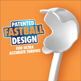 A white, uniquely shaped Chuckit! Ultra Ball Launcher 18" Medium is shown on an orange background with text: Patented Fastball Design for Ultra Accurate Throws—an ideal dog fetch toy, includes a tennis ball.