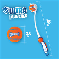 The Chuckit! Ultra Ball Launcher 18" Medium with Tennis Ball by Chuckit is displayed on a blue background with "ULTRA LAUNCHER" text and size labels.