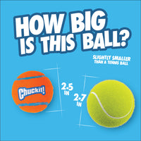 Two balls on a blue background: an orange Chuckit! Ultra Ball (2.5") and a yellow tennis ball (2.7"). Text reads, “How big is this ball? Slightly smaller than a tennis ball.” Product: Chuckit! Ultra Ball Launcher 18" Medium – Includes Tennis Ball.