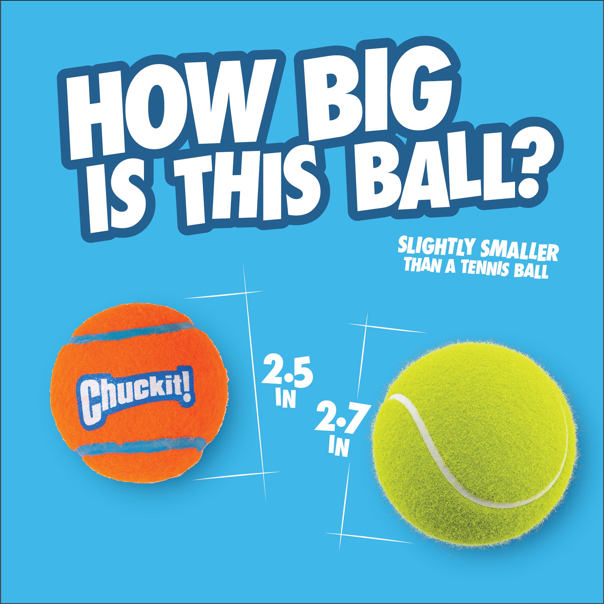 Two balls on a blue background: an orange Chuckit! Ultra Ball (2.5") and a yellow tennis ball (2.7"). Text reads, “How big is this ball? Slightly smaller than a tennis ball.” Product: Chuckit! Ultra Ball Launcher 18" Medium – Includes Tennis Ball.