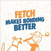 Illustration of a smiling child holding the Chuckit! Ultra Ball Launcher 18" Medium – Includes Tennis Ball by Chuckit, next to a happy dog. The text reads "Fetch Makes Bonding Better." Light orange dog play sketches in the background.