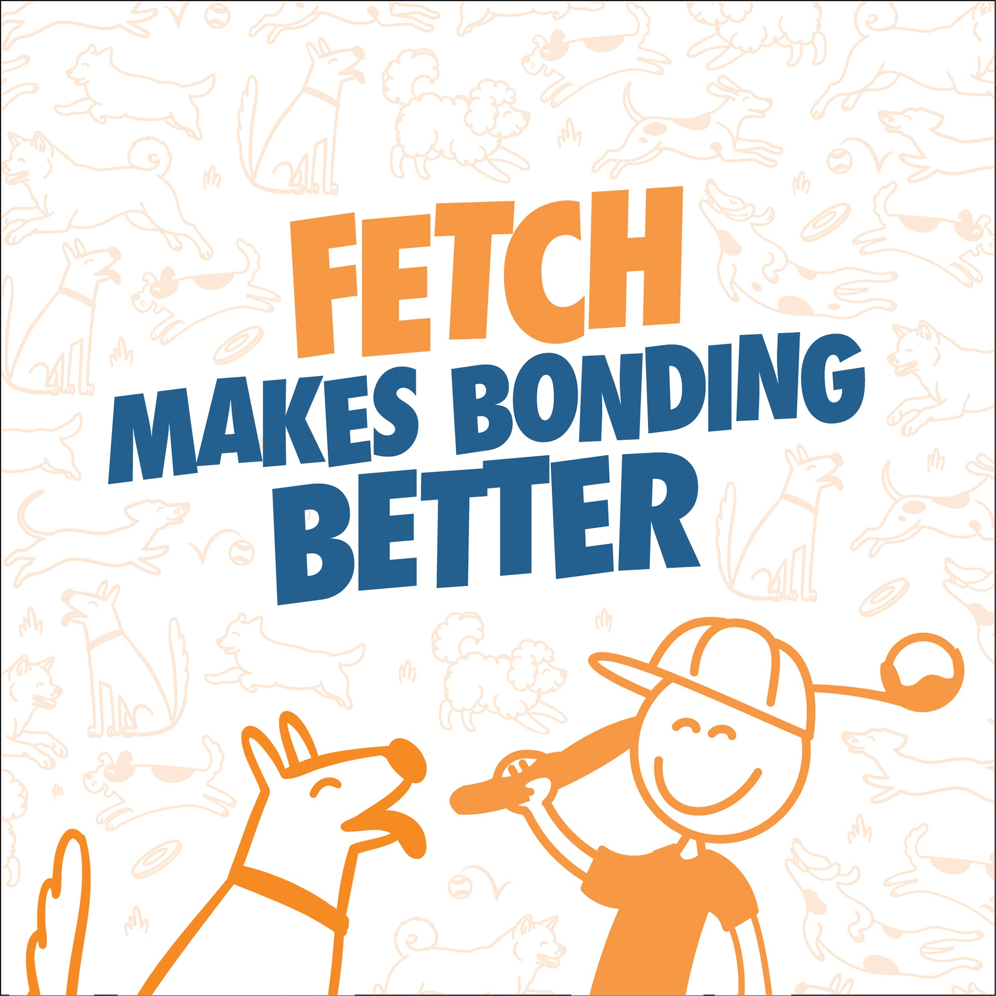 Illustration of a smiling child holding the Chuckit! Ultra Ball Launcher 18" Medium – Includes Tennis Ball by Chuckit, next to a happy dog. The text reads "Fetch Makes Bonding Better." Light orange dog play sketches in the background.