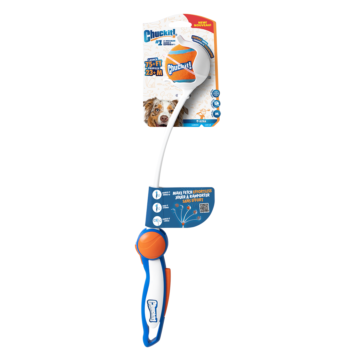 A Chuckit! Ultra Ball Launcher 18" Medium by Chuckit!, featuring an orange and blue handle and an orange and white tennis ball, is shown in packaging with a dog image and Chuckit! branding against a white background.