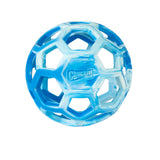 The Chuckit! Hol-ee Roller by Chuckit! is a blue and white rubber dog toy with a hexagonal cutout design like a soccer ball. "Chuckit!" is embossed on the surface—ideal for fetch and interactive play.