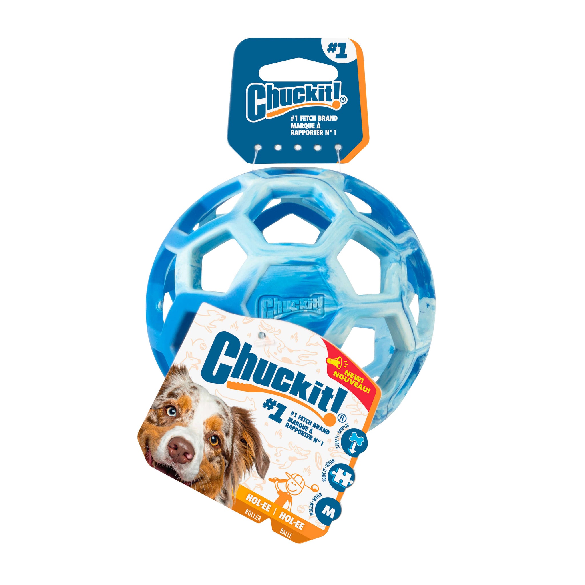 The Chuckit! Hol-ee Roller by Chuckit! is a blue, hexagonal interactive dog ball in packaging with a dog image. The package highlights it as the #1 Fetch Brand and a fun puzzle toy for dogs.