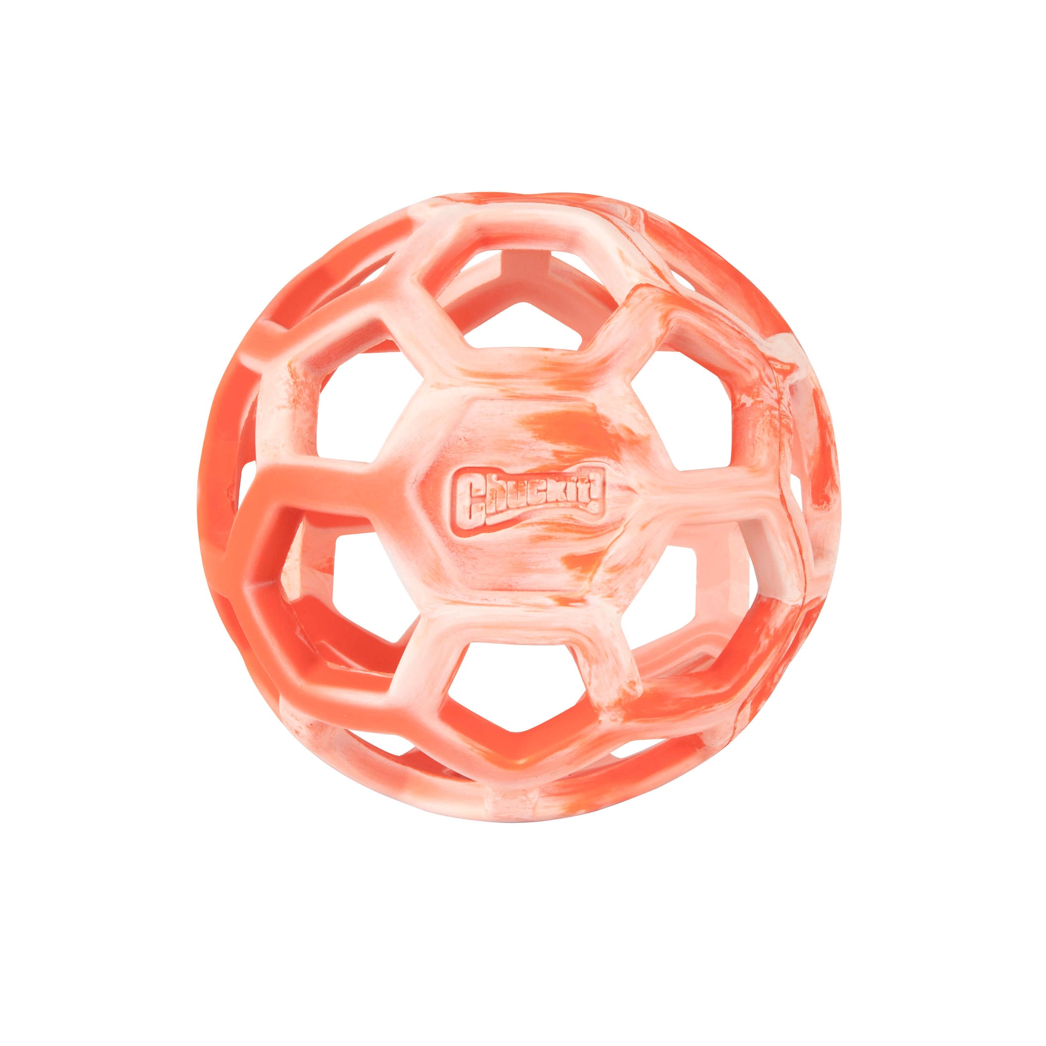 The Chuckit! Hol-ee Roller is a red and white rubber dog toy with a honeycomb pattern, open hexagonal holes, and the Chuckit! brand name displayed in the center.