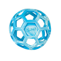 The Chuckit! Hol-ee Roller by Chuckit! is a blue and white rubber dog fetch toy with a honeycomb-like open design, ideal for interactive play.